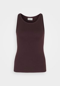 Bordeaux ärmlös linne tillverkat av ribbat material, med en rundad halsringning och en figurnära silhuett. Inga synliga mönster eller detaljer.