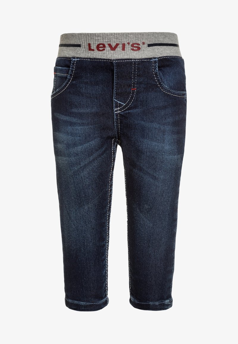 Pantalon en jean bleu foncé pour tout-petit avec une ceinture élastique grise arborant le logo rouge Levi's et des poches avant.