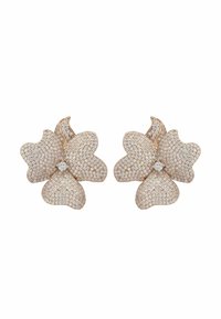 Flower-shaped gold earrings encrusted with small diamonds forming petals, each with a single round diamond at the center.
