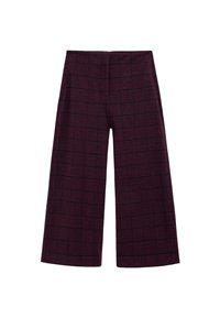 Pantalones de pierna ancha en burdeos oscuro con un patrón de cuadrícula. Hechos de un tejido texturizado, que presenta una cinturilla plana y una longitud cortada.