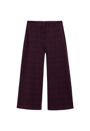 Pantalones de pierna ancha en burdeos oscuro con un patrón de cuadrícula. Hechos de un tejido texturizado, que presenta una cinturilla plana y una longitud cortada.