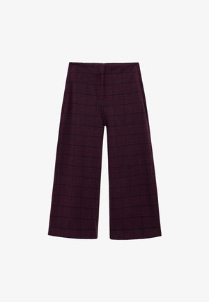 Pantalones de pierna ancha en burdeos oscuro con un patrón de cuadrícula. Hechos de un tejido texturizado, que presenta una cinturilla plana y una longitud cortada.