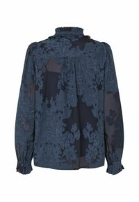Blouse bleu marine transparente avec broderie florale, manches longues bouffantes, col haut à volants et poignets à volants, vue de dos.