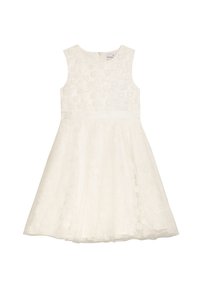 Weißes ärmelloses Kleid mit Blumengestick und einem Taillenband, ausgestelltem Rock mit strukturiertem Spitzenüberzug und Reißverschluss auf der Rückseite.