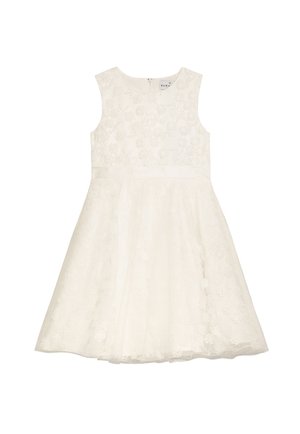 Weißes ärmelloses Kleid mit Blumengestick und einem Taillenband, ausgestelltem Rock mit strukturiertem Spitzenüberzug und Reißverschluss auf der Rückseite.