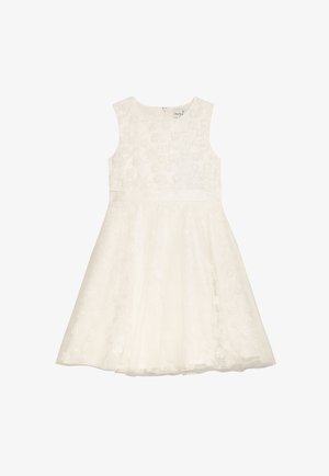 Weißes ärmelloses Kleid mit Blumengestick und einem Taillenband, ausgestelltem Rock mit strukturiertem Spitzenüberzug und Reißverschluss auf der Rückseite.