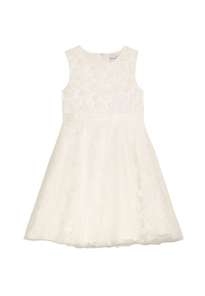 Weißes ärmelloses Kleid mit Blumengestick und einem Taillenband, ausgestelltem Rock mit strukturiertem Spitzenüberzug und Reißverschluss auf der Rückseite.