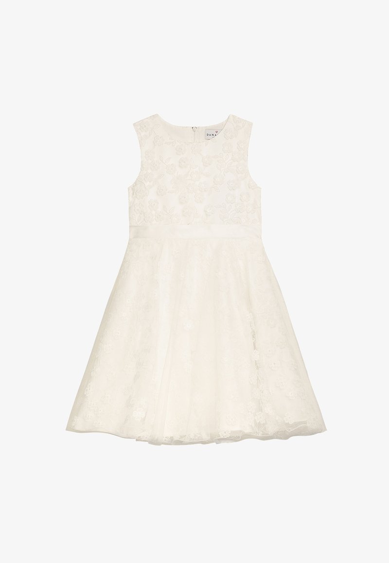 Weißes ärmelloses Kleid mit Blumengestick und einem Taillenband, ausgestelltem Rock mit strukturiertem Spitzenüberzug und Reißverschluss auf der Rückseite.