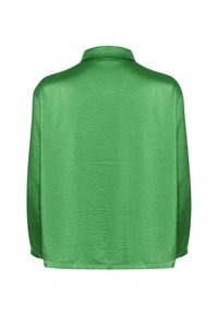 Green, lightweight, satin shirt with a collar, long sleeves, and a smooth texture. Back view showcases a clean-cut hemline.