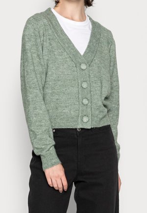Frau trägt eine hellgrüne, geknöpfte Strickjacke über einem weißen Hemd, kombiniert mit hoch taillierter schwarzer Hose, vor einem schlichten Hintergrund.