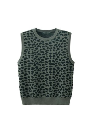 Gilet sans manches en maille avec motif léopard vert et noir et bordure en côtes à l'encolure, aux emmanchures et à l'ourlet.
