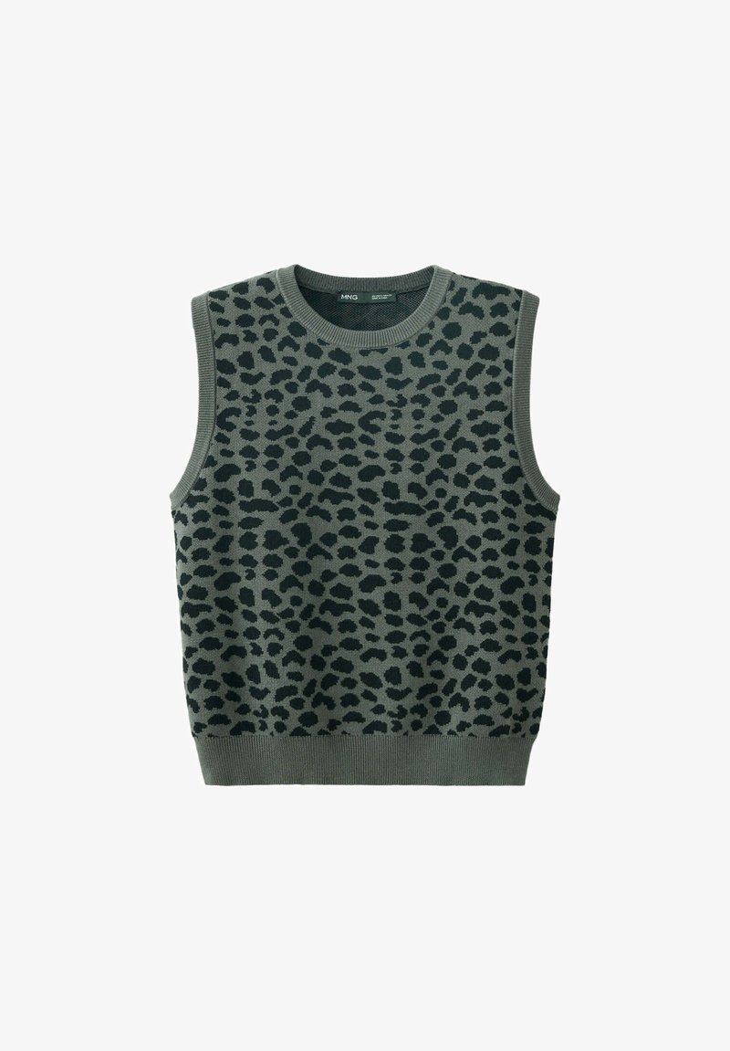 Gilet sans manches en maille avec motif léopard vert et noir et bordure en côtes à l'encolure, aux emmanchures et à l'ourlet.