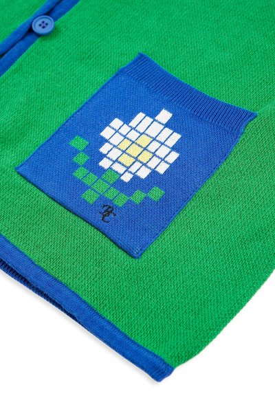 Tissu tricoté vert avec poche bleue présentant un motif pixelisé de fleur blanche et jaune avec tige verte, bordure bleue et détail bouton bleu.