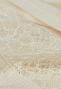 Tela beige con delicada cobertura de encaje blanco con patrones florales. Textura suave con elementos en capas y finos detalles de costura.