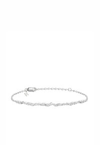 Silver bracelet with elongated links, interspersed with round and oval clear stones, featuring a lobster clasp and small charm.