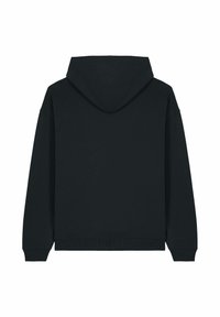 Sudadera con capucha negra hecha de tejido suave, con un corte relajado, mangas largas y puños y dobladillo acanalados. Vista trasera, sin gráficos.