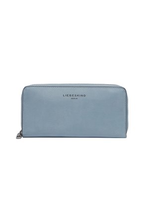 Light blue leather wallet with a zip closure, featuring the brand name "LIEBESKIND BERLIN" embossed on the front. Smooth texture, rectangular shape.