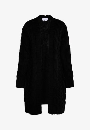 Cardigan negru tricotat cu o croială largă, ce prezintă modele din tricot în formă de cablu, un decolteu larg și mâneci lungi. Material moale, texturat.