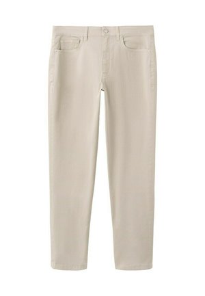 Beige straight-leg pants with button and zipper closure, front and back pockets, displayed against a white background.