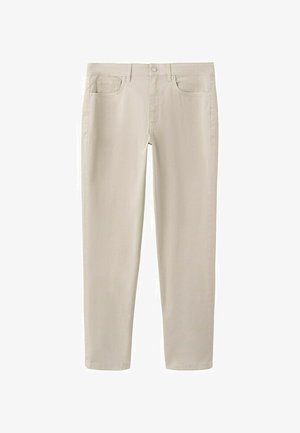 Beige straight-leg pants with button and zipper closure, front and back pockets, displayed against a white background.