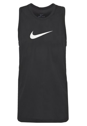 Sort ærmeløs Nike Dri-FIT træningstrøje med hvid Nike swoosh logo på brystet og åndbart mesh stof.