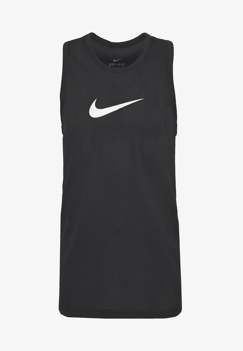 Débardeur de sport noir Nike Dri-FIT avec logo Nike blanc sur la poitrine et tissu en mesh respirant.