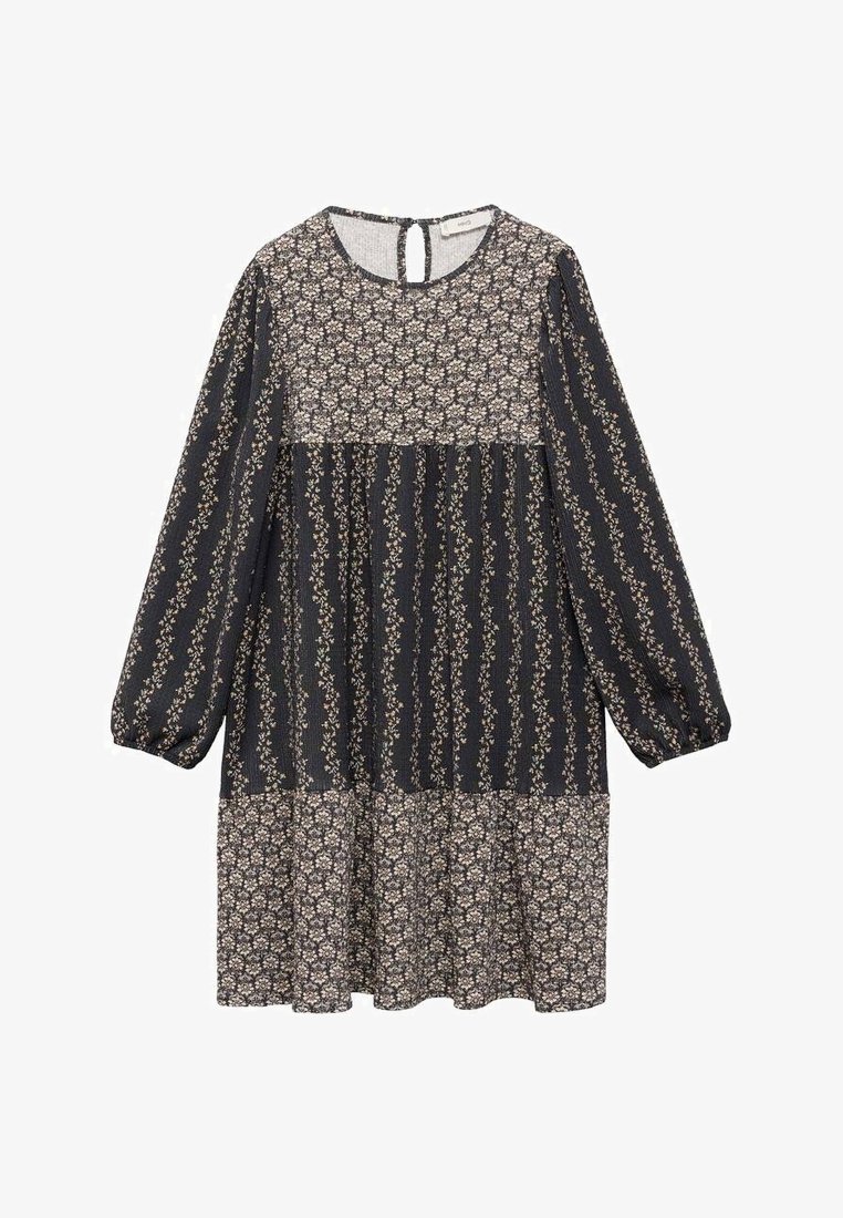 Robe noire à manches longues avec petits motifs floraux beiges, comprenant des panneaux floraux mixtes et une fermeture arrière à bouton et œillet.