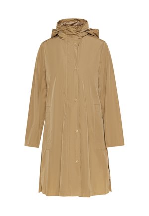 Chaki, vandeniui atsparus ilgas paltas su kapišonu, spaudimo mygtukais, šoninėmis kišenėmis ir lygiu, lengvu tekstūru. Turi laisvo kirpimo dizainą.