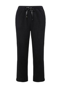 Zwarte fleece sweatpants met een elastische tailleband, verstelbare satijnen trekkoord en een wijd beenontwerp, met een gladde textuur.