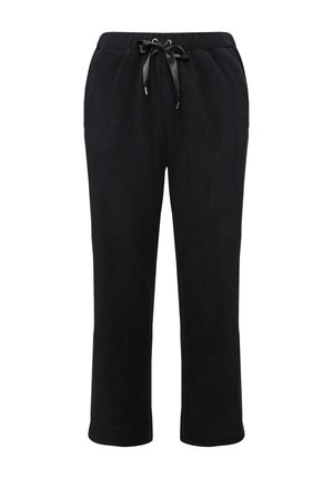 Pantalones deportivos de forro polar negros con cinturilla elástica, cordón de satén ajustable y diseño de pierna ancha, que presentan una textura suave.