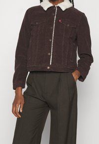 Persona che indossa una giacca di velluto a coste marrone scuro con un colletto in pile bianco e pantaloni eleganti verde oliva scuro, con una mano in tasca, su uno sfondo semplice.