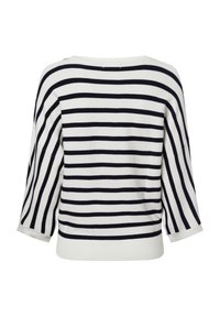 Gestreifter Pullover in Marineblau und Weiß, mit weitem Halsauschnitt, Dreiviertelärmeln und lockerem Schnitt. Weiches Material mit geripptem Saum.