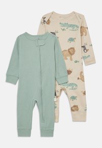 Two baby onesies: one mint green ribbed with a snap closure, the other cream with animal patterns in green and brown hues.