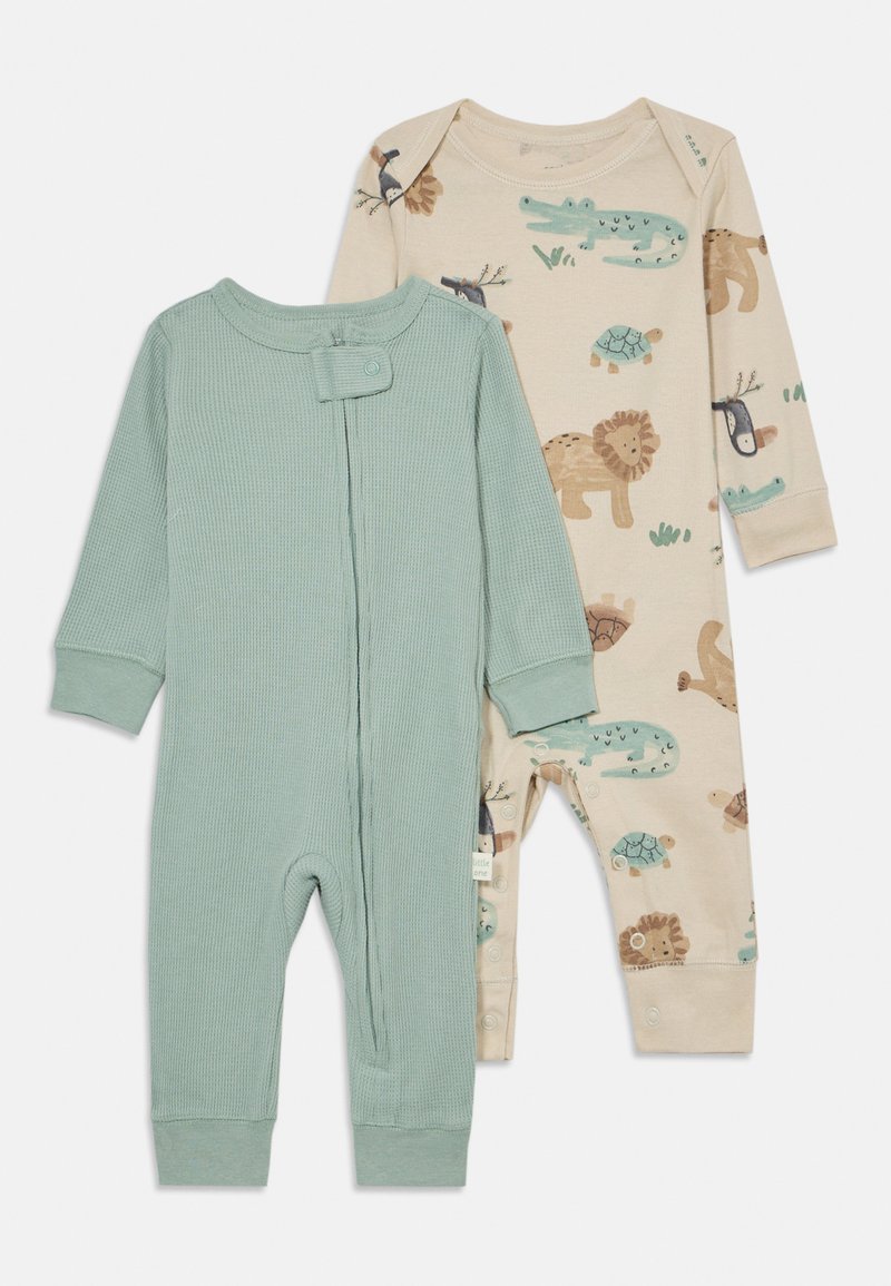 Two baby onesies: one mint green ribbed with a snap closure, the other cream with animal patterns in green and brown hues.
