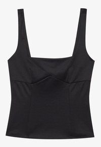 Top nero senza maniche con spalline larghe, scollatura quadrata e silhouette aderente. Realizzato in tessuto liscio con una leggera texture e un dettaglio arricciato.