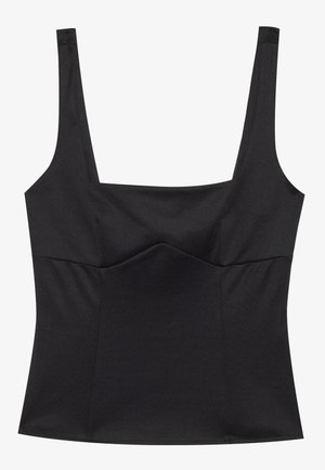 Svart linne med breda axelremmar, fyrkantig halsringning och en figurnära silhuett. Tillverkat av ett slätt tyg med subtil textur och en rynkad detalj.