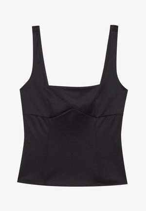 Svart linne med breda axelremmar, fyrkantig halsringning och en figurnära silhuett. Tillverkat av ett slätt tyg med subtil textur och en rynkad detalj.