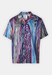 Short-sleeve shirt featuring a vibrant, abstract pattern in blue, pink, black, and white, with a collared neckline and button closure.