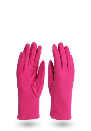 Guanti in pile rosa con una texture liscia e un design senza cuciture, caratterizzati da una vestibilità aderente e polsi allungati per calore e comfort.