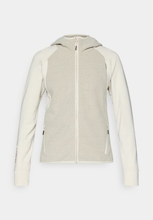 Bluza z kapturem w jasnym kolorze z fakturowaną beżową przednią częścią i gładkimi białymi rękawami. Posiada pełny zamek błyskawiczny, kaptur oraz boczne kieszenie.