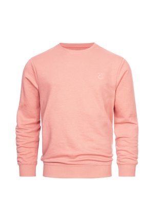 Zachte roze crewneck-trui met lange mouwen en geribbelde boorden, met een subtiel wit logo op de linkerborst.