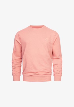 Zachte roze crewneck-trui met lange mouwen en geribbelde boorden, met een subtiel wit logo op de linkerborst.