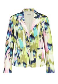 Colorful blazer with a bold, abstract pattern featuring greens, blues, and pinks. It has a notched collar and a single button closure.