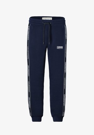 Marineblaue Jogginghosen aus weichem Material, mit einem elastischen Bund und Kordelzug, seitlichen Streifen und bedruckten Logo-Akzenten.
