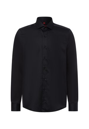 Schwarzes Langarmhemd aus glattem Stoff mit durchgehender Knopfleiste und klassischem Kragen. Mit schwarzen Knöpfen und abgerundetem Saum.
