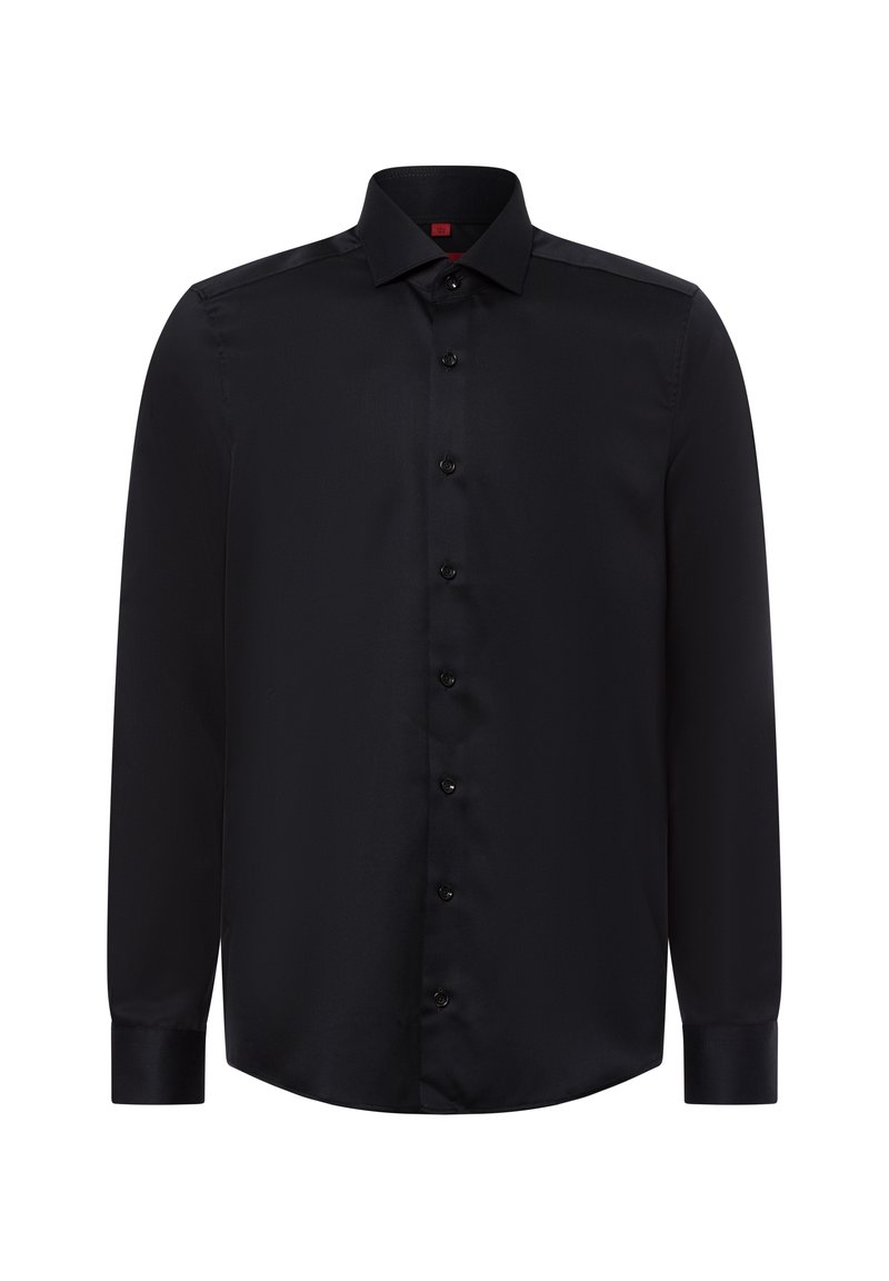 Schwarzes Langarmhemd aus glattem Stoff mit durchgehender Knopfleiste und klassischem Kragen. Mit schwarzen Knöpfen und abgerundetem Saum.