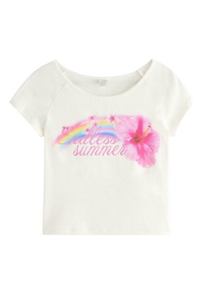 Hvid top med korte ærmer med pink hibiscusblomst, regnbue, små blomster og teksten "Endless summer" i pink kursiv på forsiden.