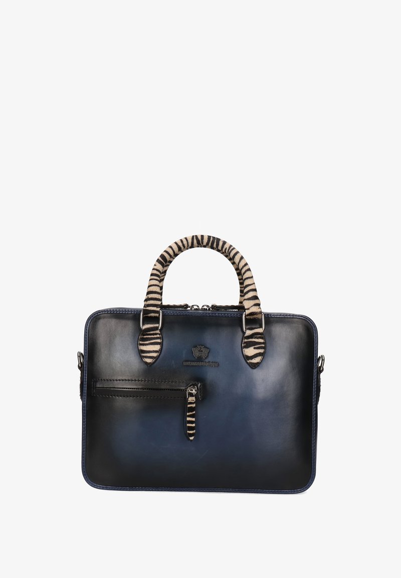 Borsa in pelle blu navy con manici a strisce zebra e zip, forma rettangolare e piccola tasca frontale con zip.