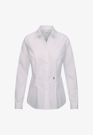 White cotton long-sleeve shirt with a pointed collar, front button closure, and small black rose embroidery on the lower left.