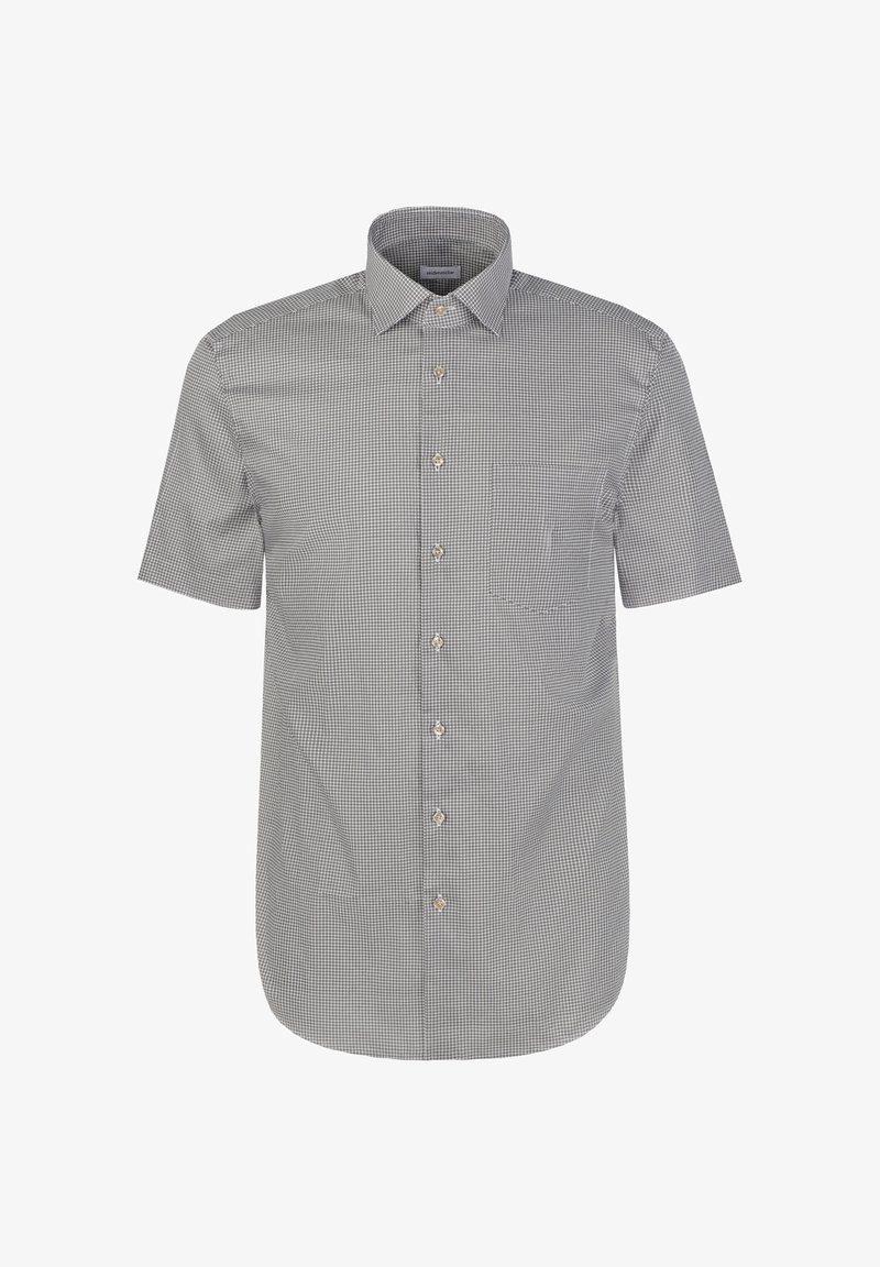 Chemise à manches courtes avec un motif à carreaux noir et blanc, fabriquée en tissu respirant. Dotée d'un col classique et d'une poche poitrine.